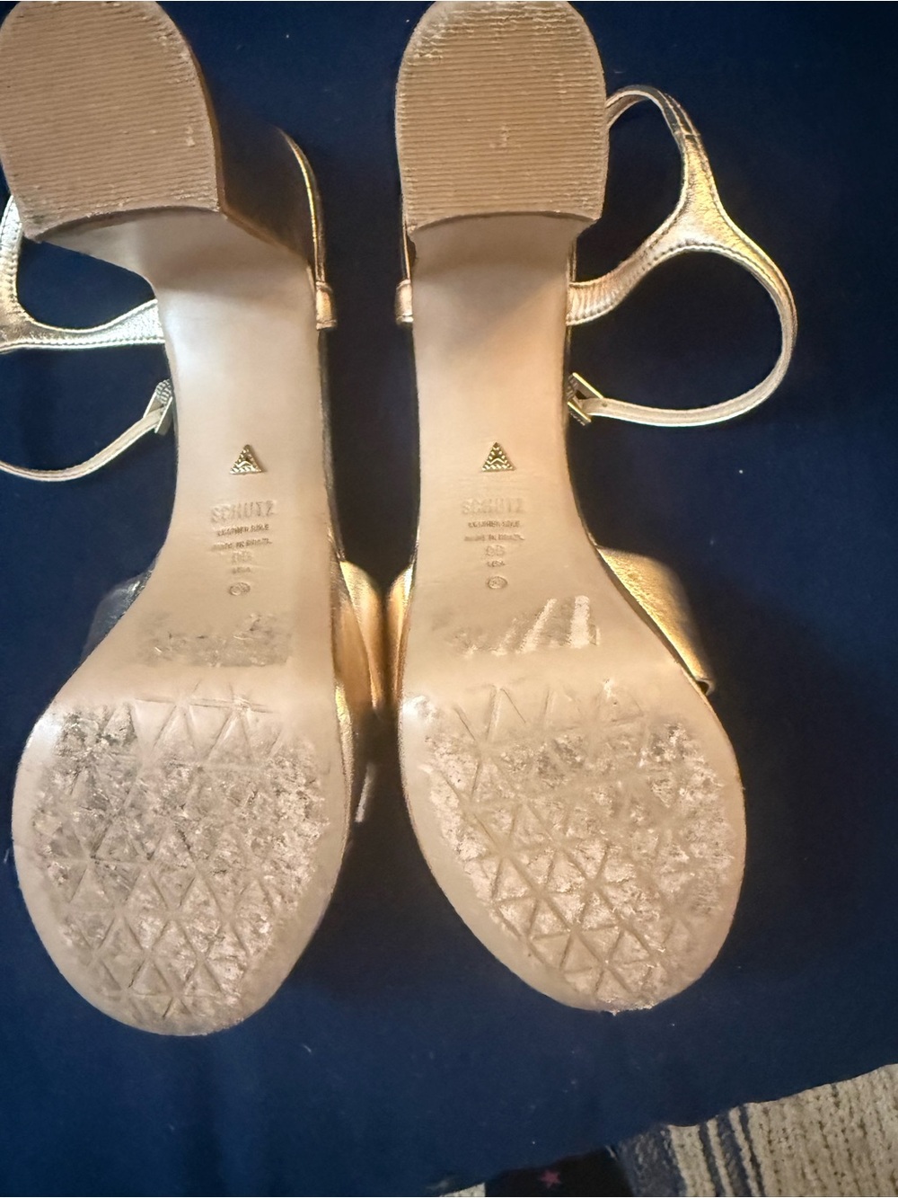 SCHUTZ Gold Metallic Crisscross Ankle-Strap Heels - Picture 6 of 6